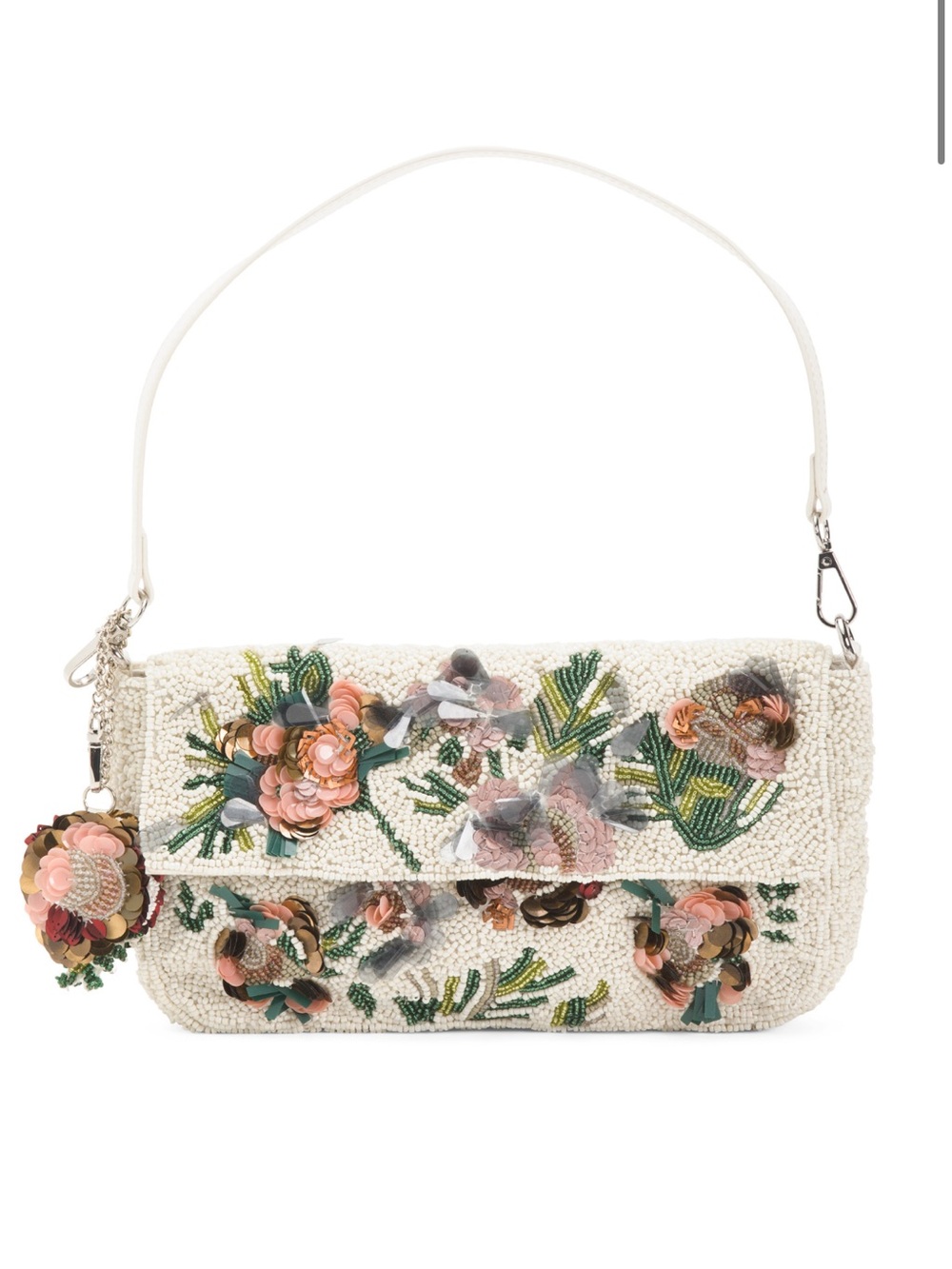 Embellished Cream Floral Beaded Shoulder Bag